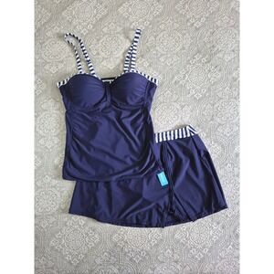 Unique Navy Blue Striped Tankini Swim Top and Skirt Set Women Size 18 Plus